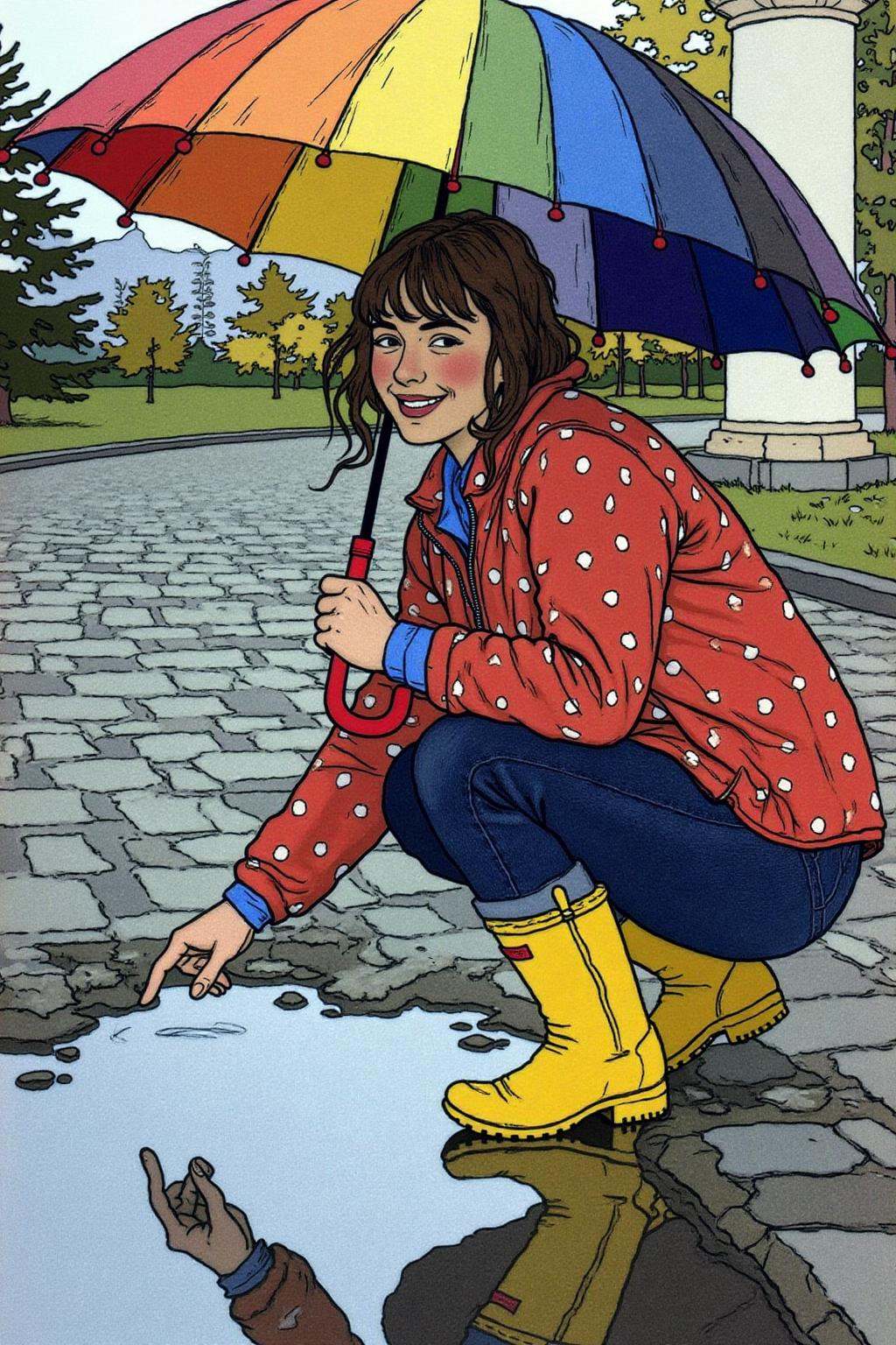 ivanbilibin1 illustration. A young woman,  angled from slightly above and to the right,  crouching low to the ground in a...
