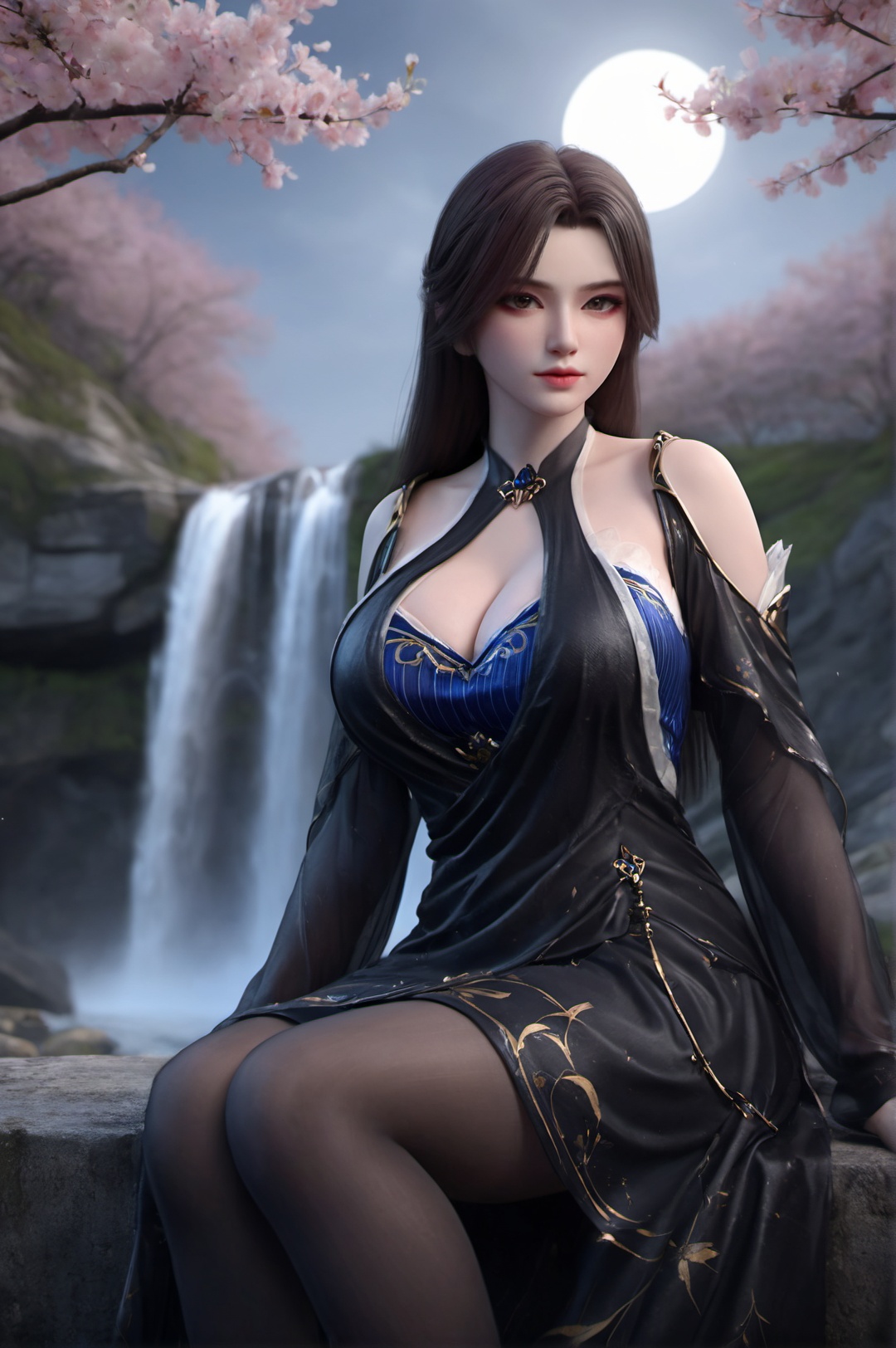 ethereal fantasy concept art of  1girl,solo,long hair,makeup,eyeshadow,closed mouth,((gigantic breasts:1.5)),c dress,((black pantyhose)),black high heels,sitting,(looking at viewer),outdoors,moonlight,nature,waterfall,cherry blossoms,(full body:1.3,full shot,from below),depth of field,Highly detailed,(ultra-detailed),(best quality:1.5,masterpiece:1.5),(SFW:1.5),<lora:caoying:0.67>, . magnificent, celestial, ethereal, painterly, epic, majestic, magical, fantasy art, cover art, dreamy