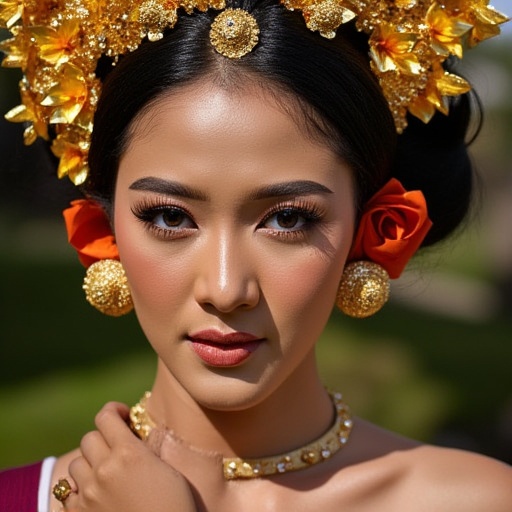 closeup photo of an indonesia Balinese (((oumbaliflux))) Woman in a balinese traditional dress on Tensor.Art