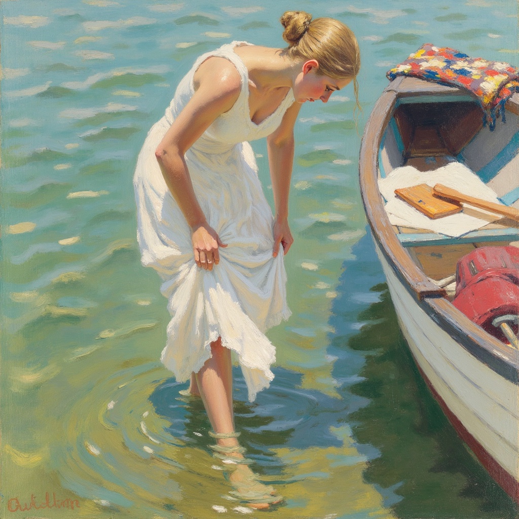 This is an impressionist painting by EdwardCucuel titled A Young Woman in a Boat. It depicts a fair-skinned woman with blo...
