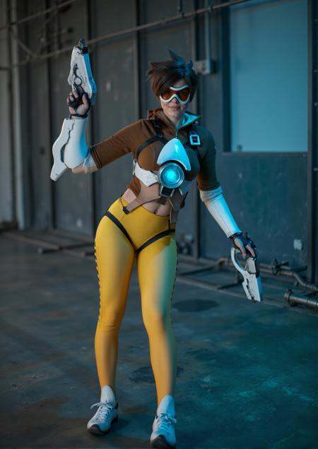 Tracer is a woman playing in a lasergame. She holds laserguns and wears goggles on Tensor.Art