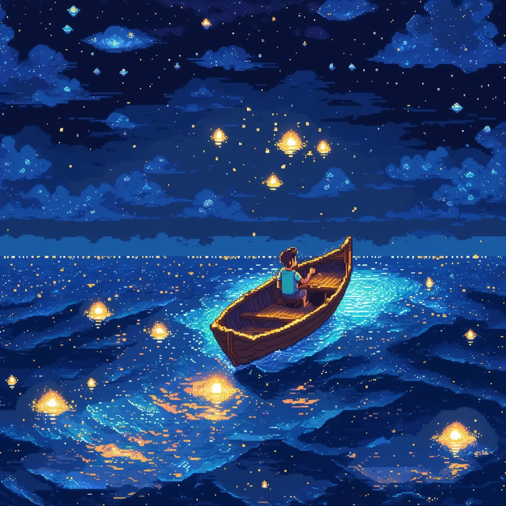 pixel art,  a man in a boat floating in the ocean,  Night on Tensor.Art