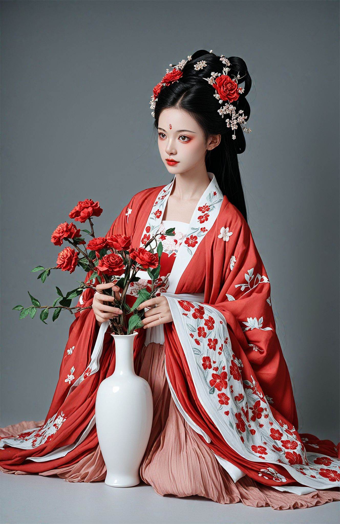 score_9,score_8_up,score_7_up,score_6_up,score_5_up,Hanfu, the traditional Chinese dress, is depicted in vibrant red with grey floral embroidery on the sleeves and collar. A white vase with a painted landscape sits beside the figure, holding a branch of red flowers that echo the dress's color. The hairstyle is adorned with traditional accessories, and the overall composition exudes a sense of traditional Chinese aesthetics.