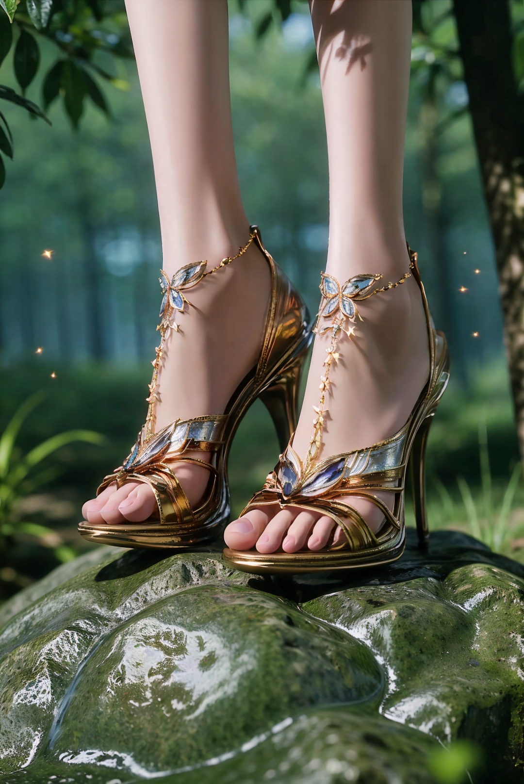 legs,feet,toes,high_heels,jewelry,anklet,foot focus,close-up,from side,outdoors,on rock,(day),glowing particles,sparkle,fireflies,shiny,blurry,Highly detailed,(ultra-detailed),(best quality,masterpiece:1.5),<lora:20240928-1727465731121:0.7>,