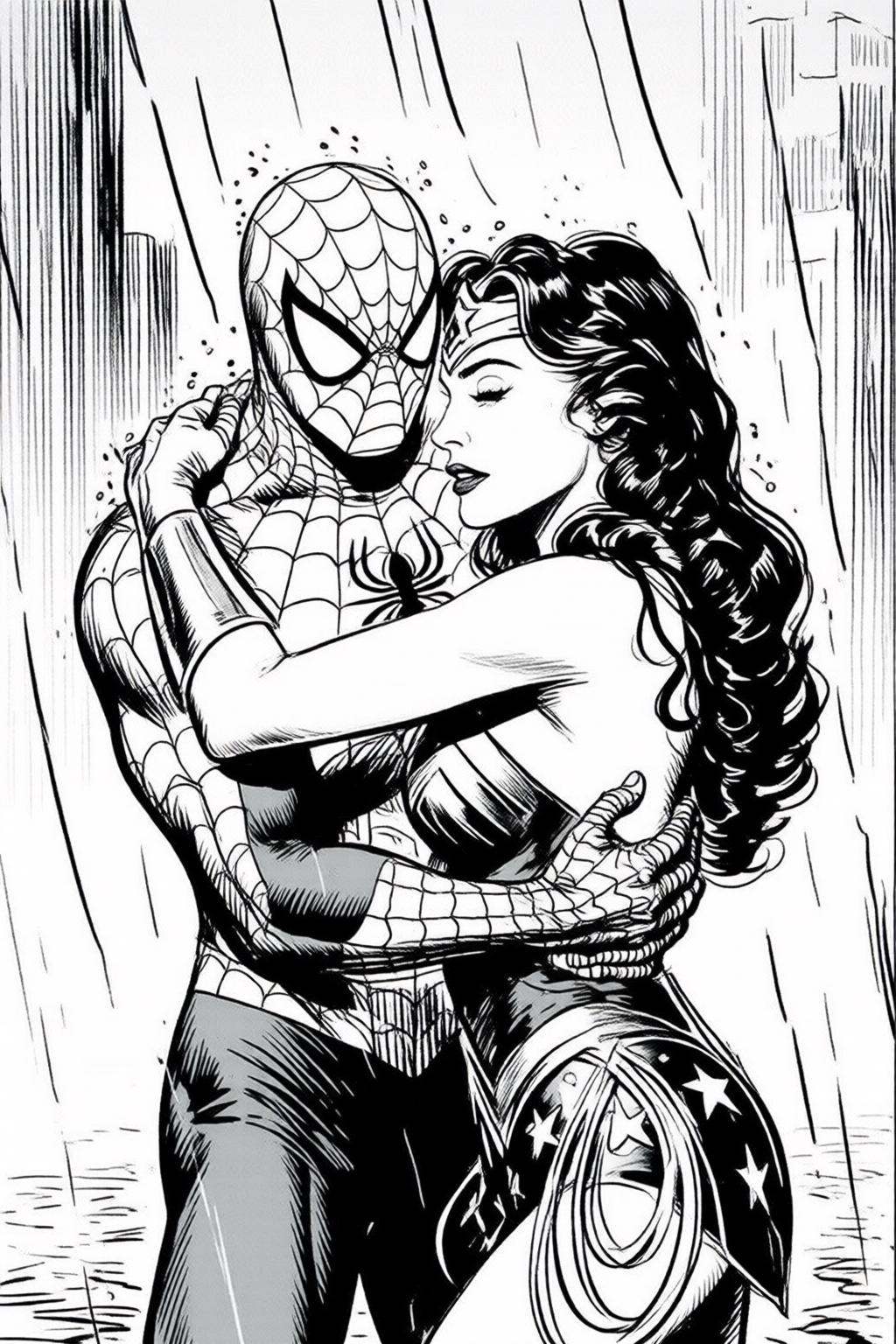 alexraymond2q illustration. Black and white drawing. Spider-man and Wonder Woman embracing in the rain on Tensor.Art