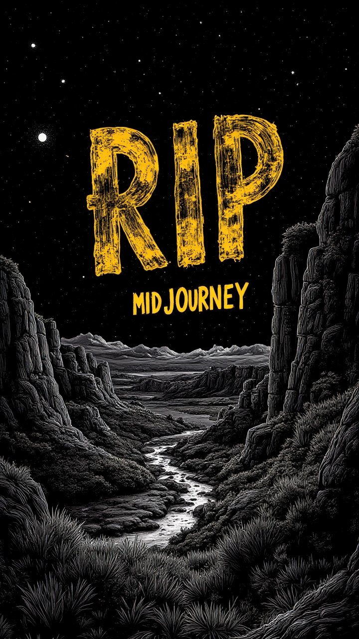 Bioluminescent Poster with Text:"RIP Midjourney",  landscape of a Accomplished Elevating Mesa Verde National Park,  inside...