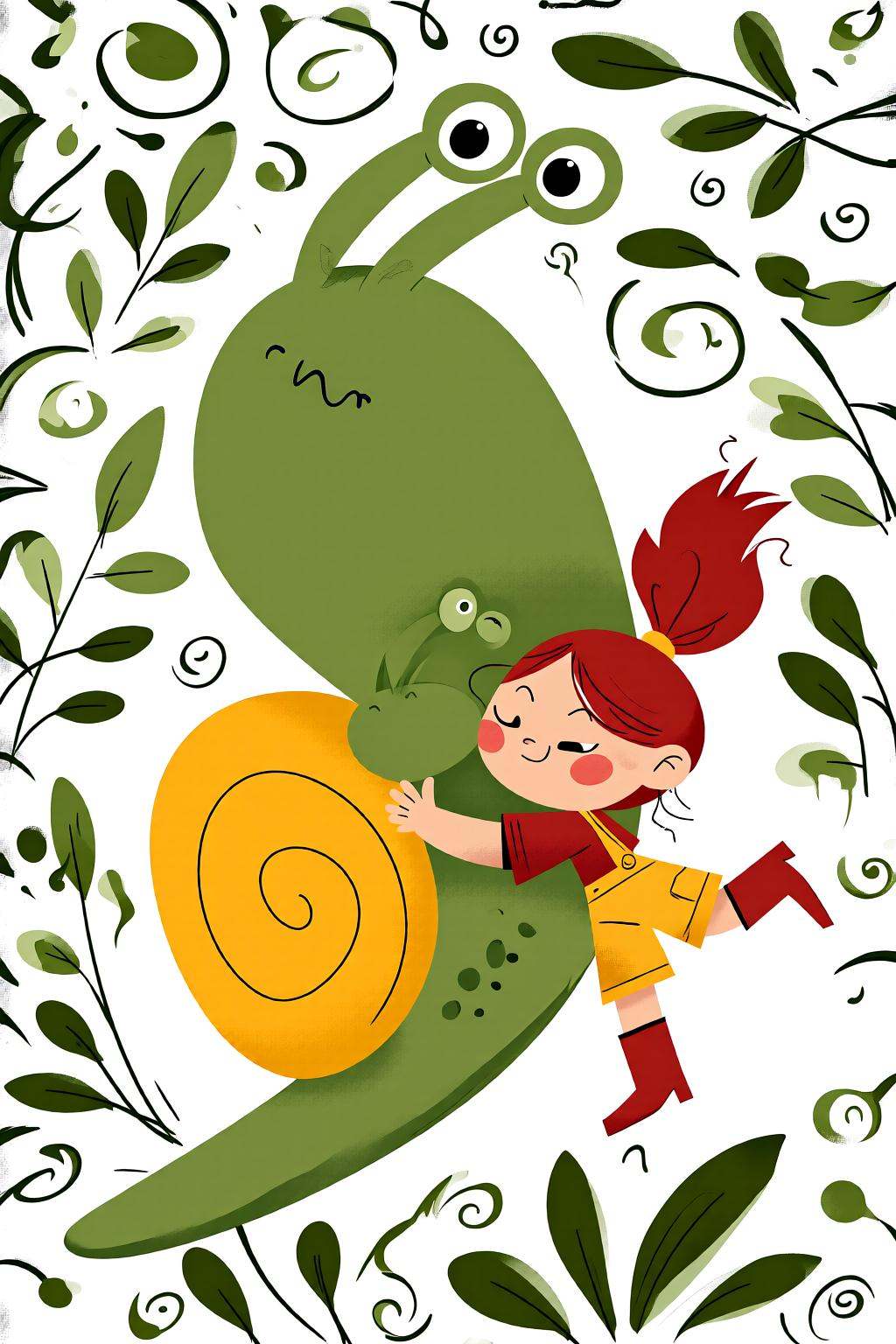 flatcolorvectorart2q illustration.A child,  her hair style in a ponytail,  in yellow overalls and red boots is hugging a l...