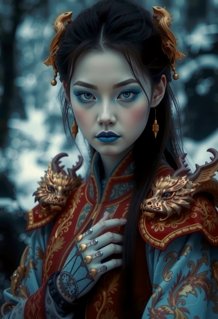 a post-apocalypse portrait of a young beautiful ninjapunk Chinese woman with mechanical_arms and pale skin and long dark h...