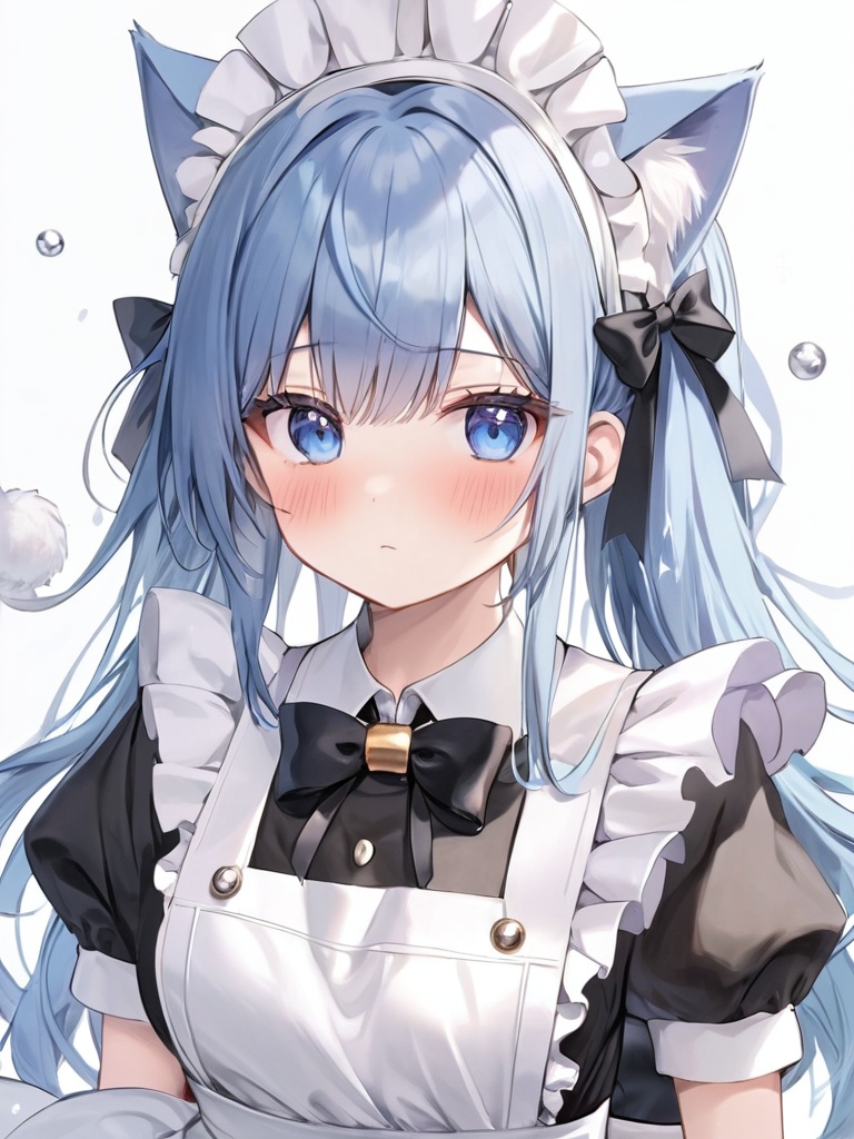 1girl,solo,long hair,looking at viewer,blush,bangs,blue eyes,simple background,hair ornament,white background,dress,bow,ribbon,animal ears,closed mouth,blue hair,frills,hairclip,cat ears,apron,black dress,collar,maid,maid headdress,sparkle,bell,detached collar,white apron,jingle bell,neck bell,maid apron,white collar,Masterpiece,Best quality,Extremely detailed,White stockings,