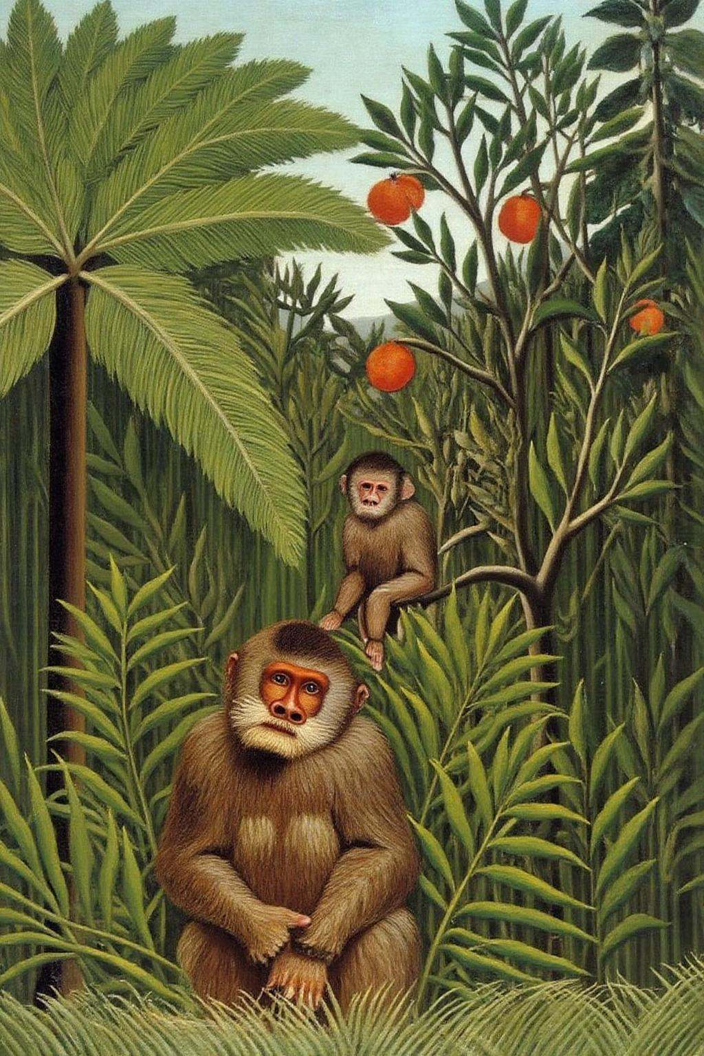 henrou1 paintingA lush,  tropical forest with two monkeys. The scene is rich in color and texture,  with a palette dominat...