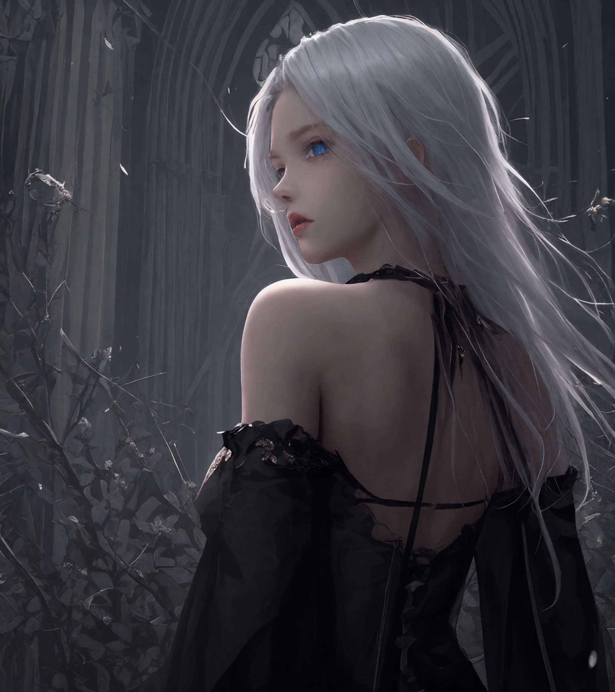 1 girl, upper body, adorable girl, queen, white hair, blue eyes, medium breasts, bare shoulders, flowers, shine, focus on face, looking back,  long hair,  garreg mach monastery uniform, gothic, bare shoulders, dramatic angle, <lora:HouTu:0.6>
