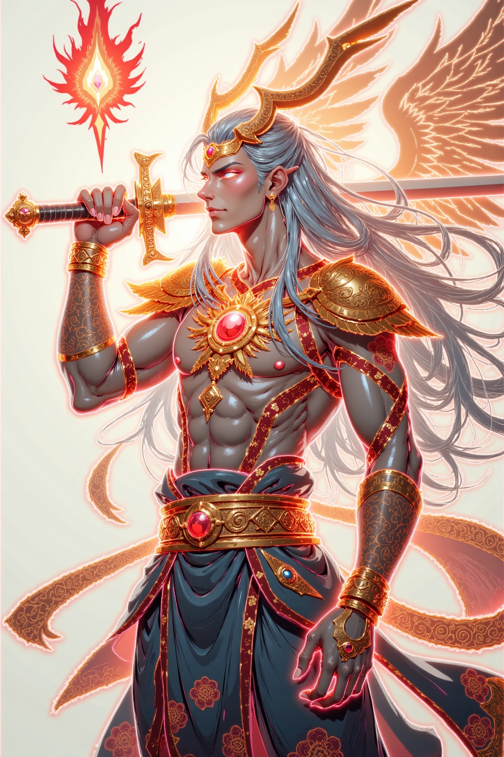 a drawing of a man with a sword and a demon,beautiful male god of death,mohrbacher,inspired by Shunkōsai Hokushū,in the art style of mohrbacher,asura from chinese myth,the god of chaos,inspired by Ryūkōsai Jokei,in style of peter mohrbacher,