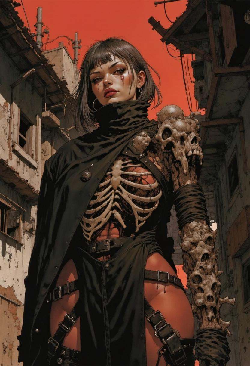 This is a highly detailed digital illustration in a dark,  gritty,  and slightly surreal style. The central figure is a yo...
