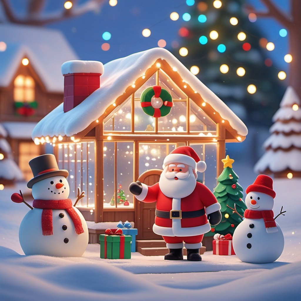 shengdan, A whimsical, snow-covered scene features a jolly Santa Claus with a rosy face, a bushy white beard, and a red suit, chilling next to a snowman in a top hat and scarf. They're in front of a cozy, glass-enclosed wooden cottage decked out with Christmas lights and a little Christmas tree. Snow-covered presents and a snowman are scattered around. The background boasts a snowy forest with twinkling lights, creating a magical holiday vibe.,<lora:shengdan_v1-000016:0.8>