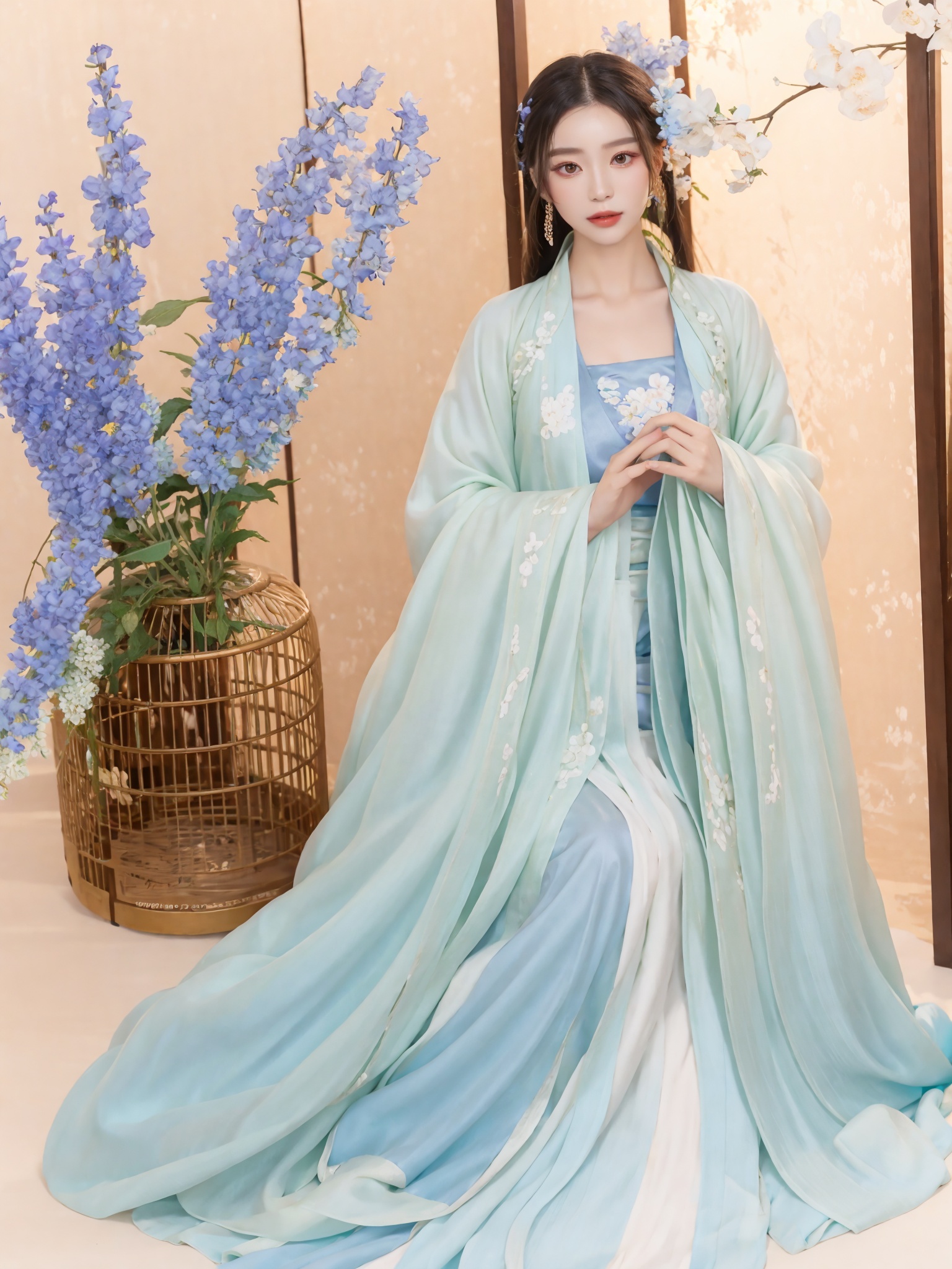 1,1girl,solo,perfect face,look at viewer,hanfu,chinese clothes,blue dress,white dress,holding flowers,sitting,upper body,front side,indoor,cage,flower,masterpiece,best quality,highly detailed,