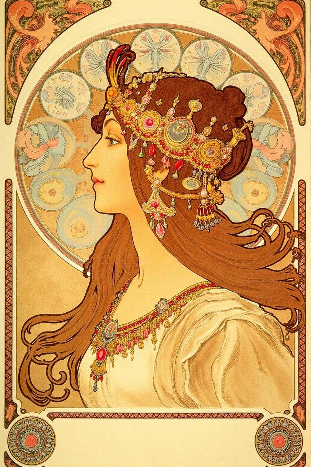 mucha1 illustrationProfile portrait of a woman. The artwork is rendered in a warm,  earthy palette with shades of beige,...
