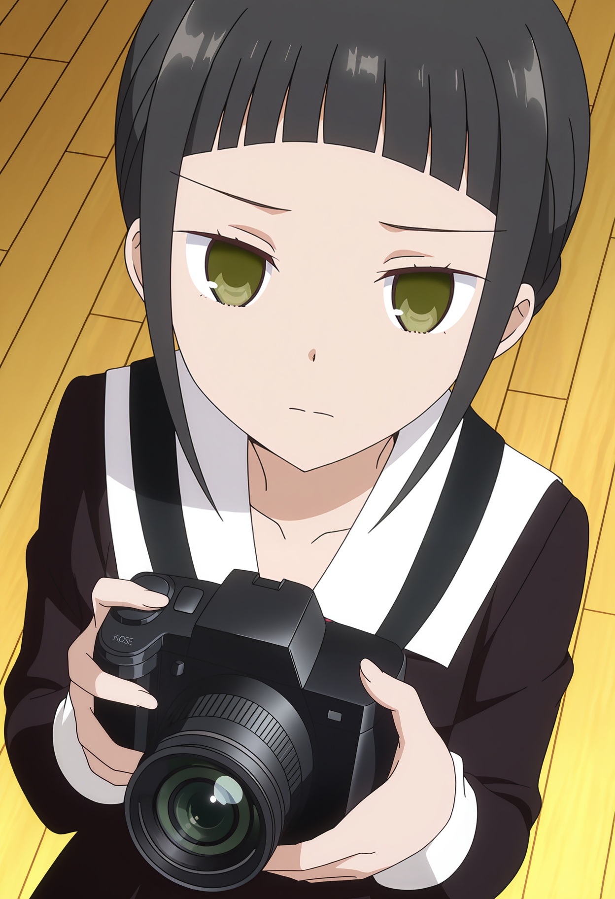 <lora:Kose Erika_illustrious-000018:1>,1girl,Kose Erika,solo,school uniform,camera,looking at viewer,holding,wooden floor,holding camera,upper body,long sleeves,collarbone,dress,closed mouth,single hair bun,sidelocks,anime screencap,