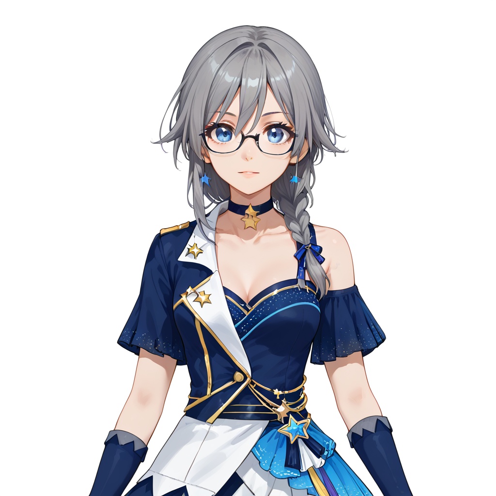 (white background:1.2),looking at viewer,(SOLO:1.4),outline,simple background,upper body, cowboy shot,looking at viewer,(((arms at side))),  fu hua,long hair,bangs,blue eyes,hair between eyes,low-tied long hair,hair ornament,grey hair,blue hair,boots,shorts,braid,bare shoulder,star choker,ribbon,blue gloves,choker,idol,star necklace,jewelry,jacket,glasses,white footwear,skirt,idol clothes,high heels,shirt,thighhighs,<lora:ouxiang-1-pony:0.8>