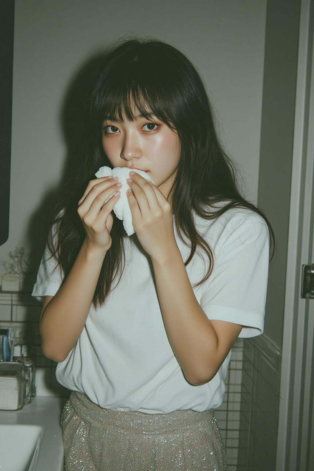 midjourney analog photograph. A young Korean woman with long hair and bangs stands in a bathroom. She is shown in 3/4 prof...