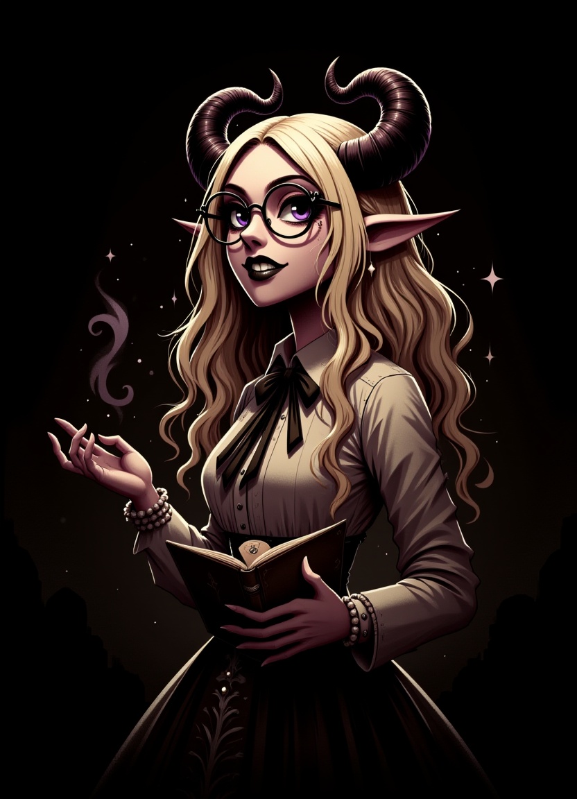 a young woman with wavy long platinum blonde hair and teeth wearing glasses on her forehead with two large shiny horns spr...