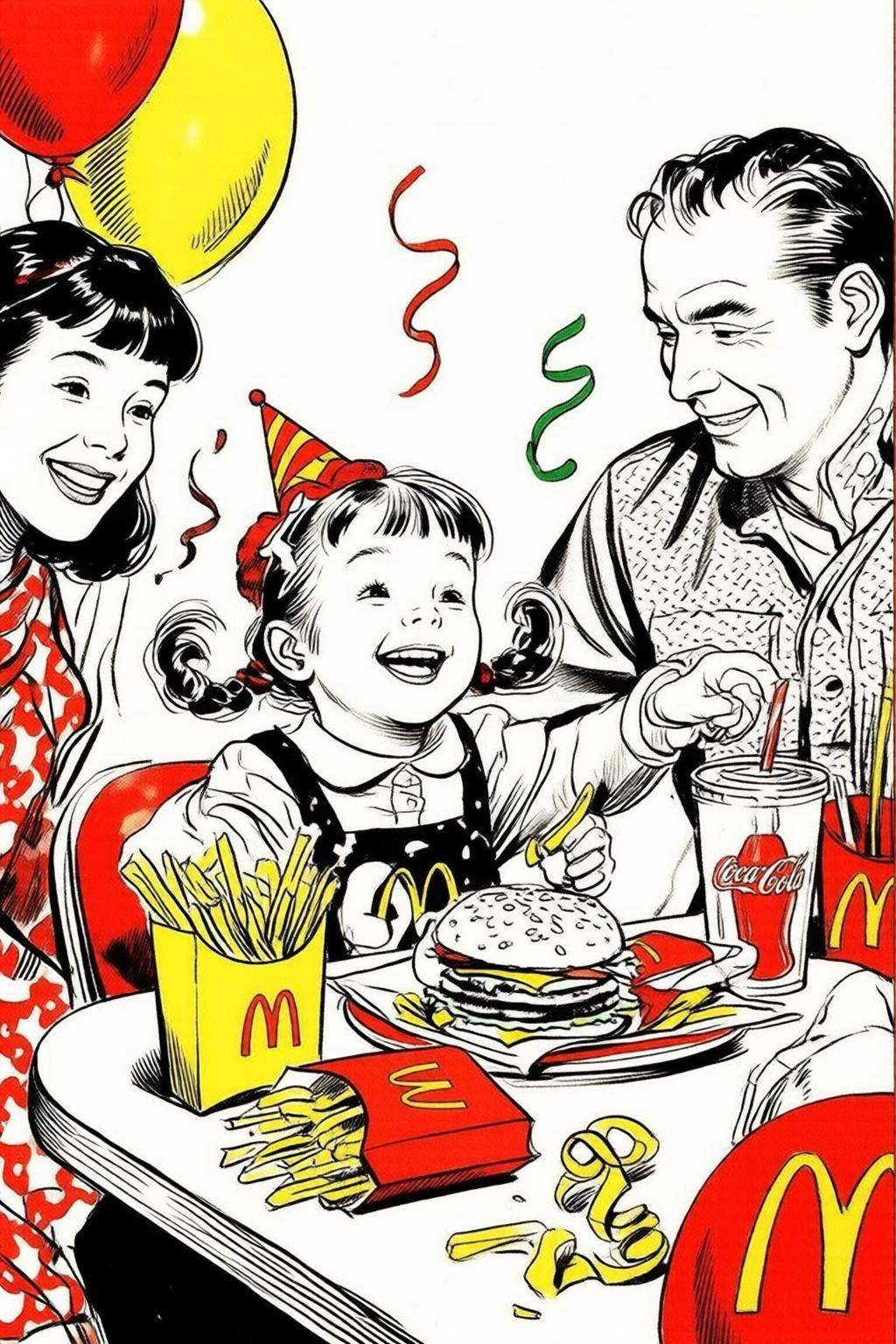 alexraymond2q illustration. Black and white drawing. A four-year-old girl with twin pigtails is celebrating her birthday a...
