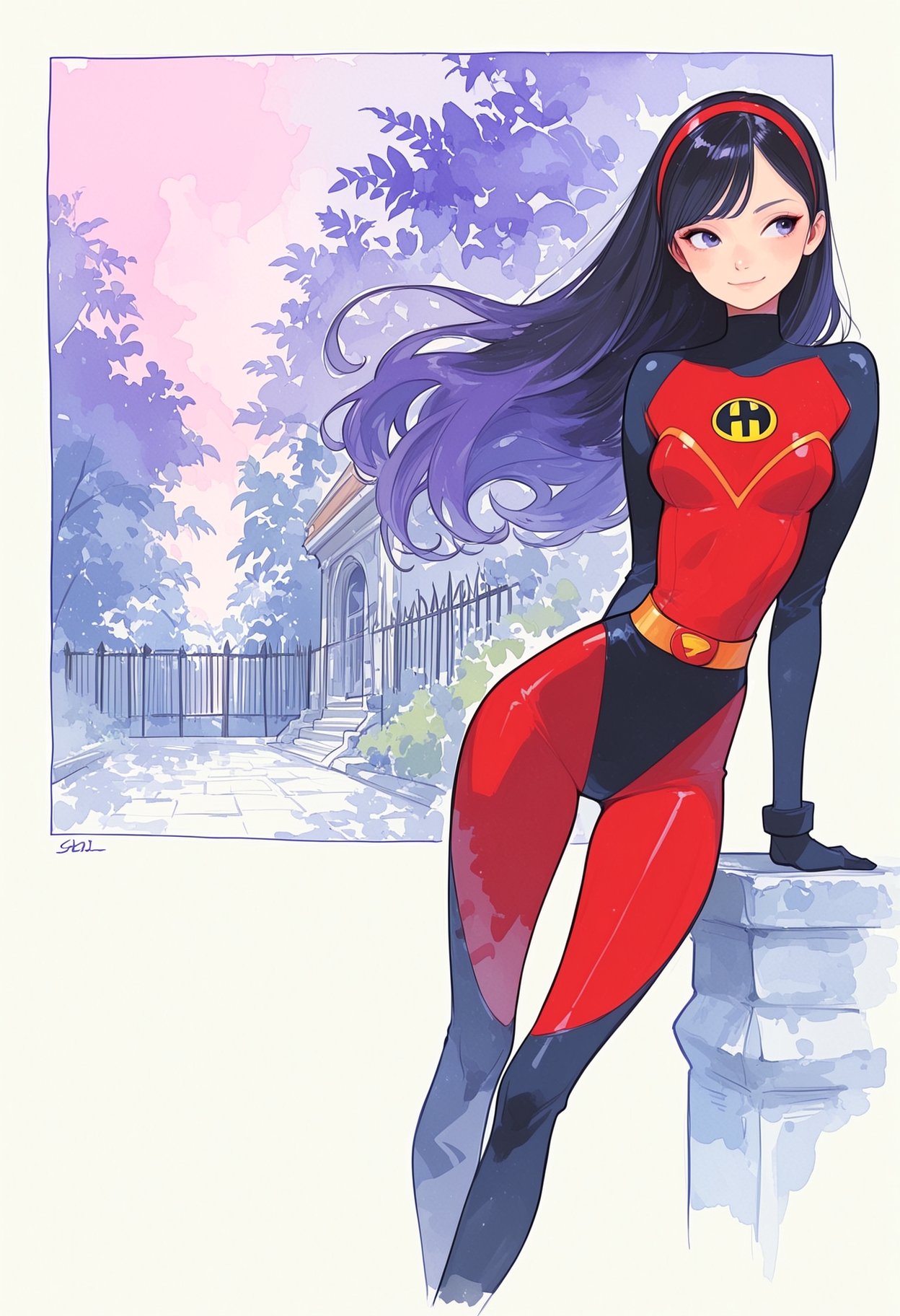 A digital illustration of a young woman in a superhero costume. She is standing on a stone pillar with her back to the vie...