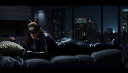 Catwomanis laying on a bed in the batcave on Tensor.Art