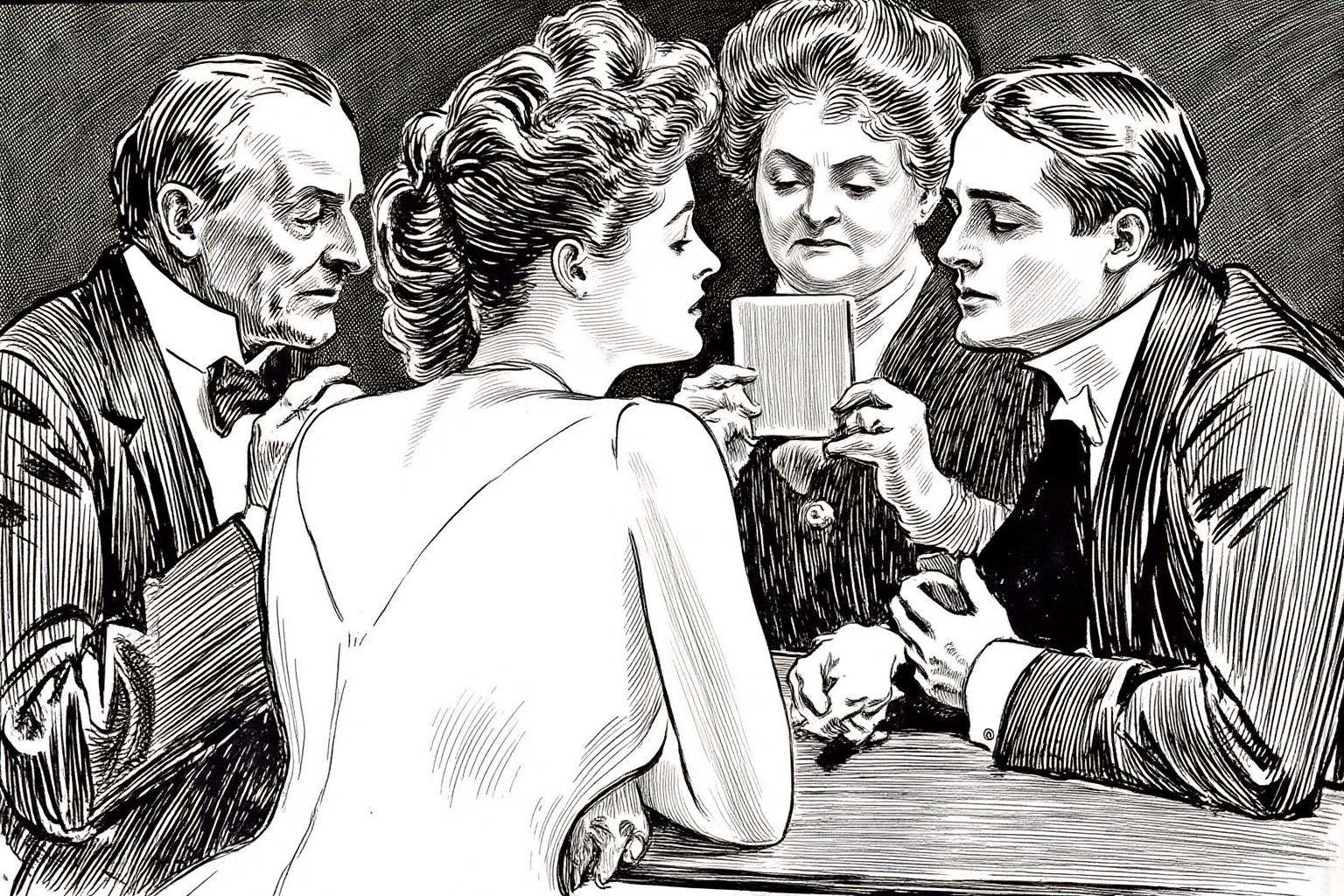 charlesdgibson1 illustration.Four people are gathered around a table playing cards. The central figure is a young woman wi...