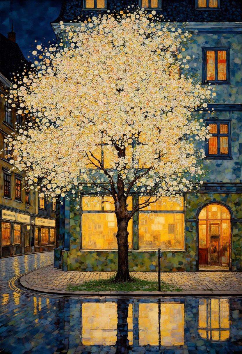 This image is a detailed,  impressionistic digital painting depicting a quaint,  old-world European street scene at night....
