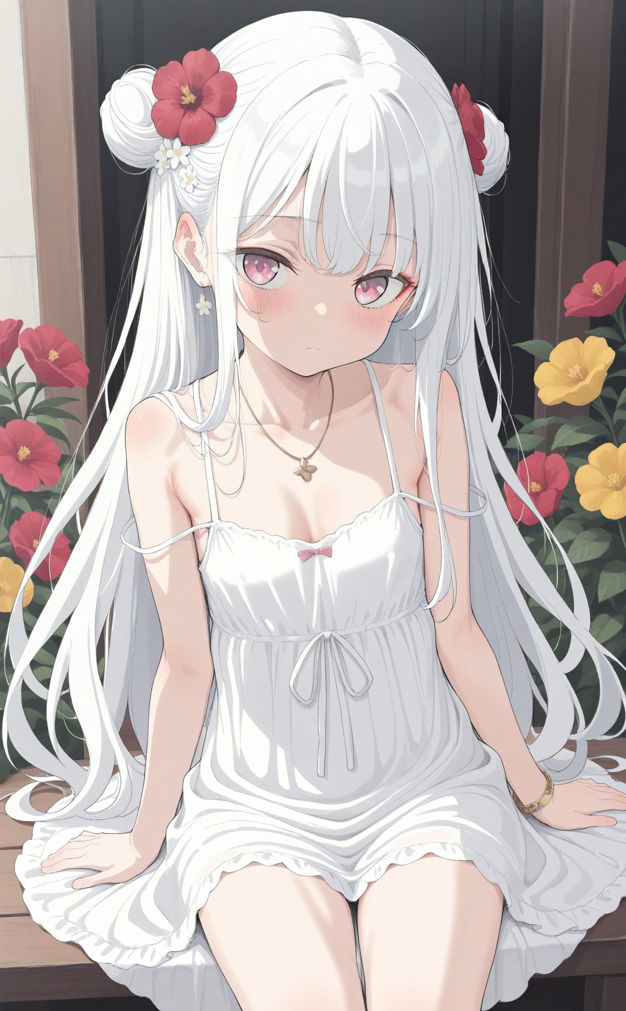 masterpiece,best quality,high quality,loli,1girl,solo,flower,hair ornament,long hair,dress,breasts,white hair,bare shoulders,hair bun,sitting,white dress,cleavage,hair flower,closed mouth,jewelry,