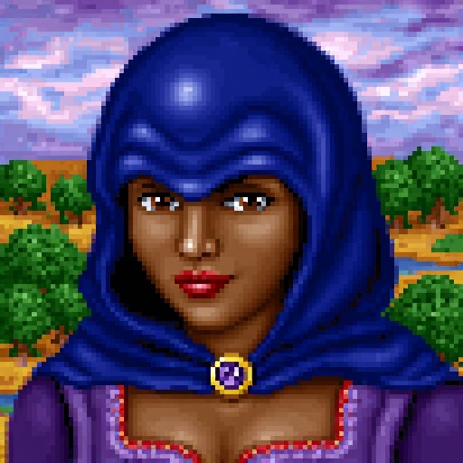 Original HoMM2 style portrait of a sorceress with dark skin,  partially obscured by a deep blue hooded cloak. The cloak co...