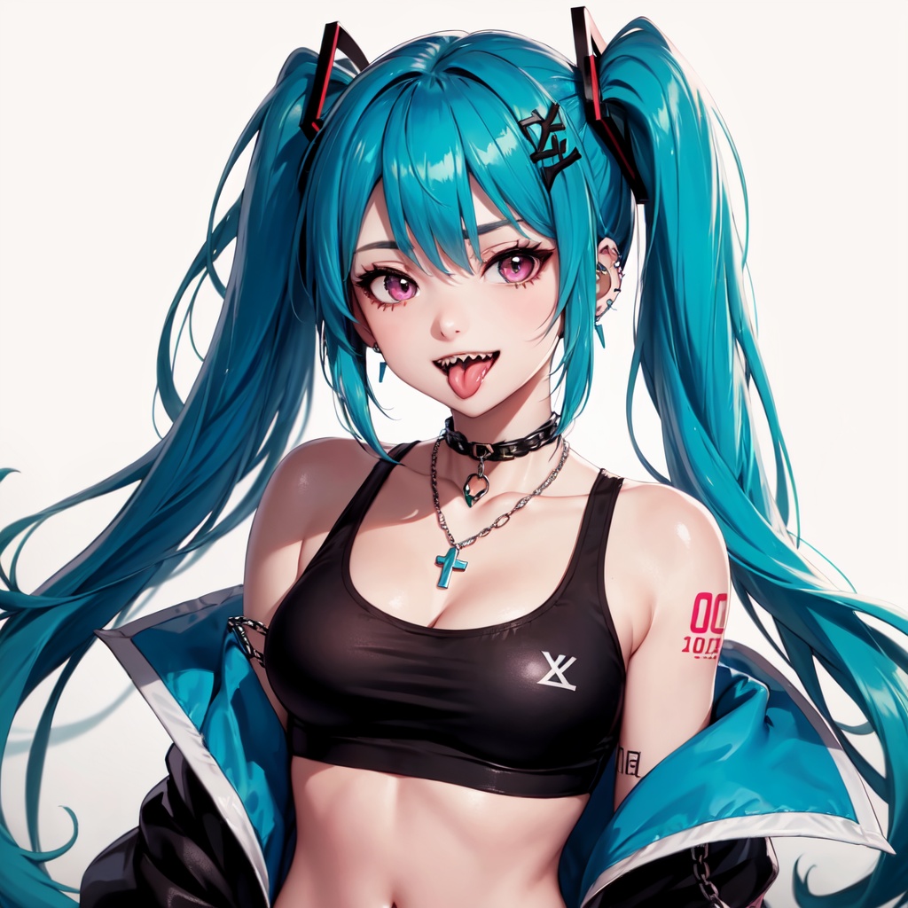 1girl, tongue, long hair, jewelry, tongue out, earrings, blue hair, piercing, looking at viewer, solo, tongue piercing, jacket, tattoo, crop top, breasts, twintails, hatsune miku, teeth, pink eyes, hair ornament, upper body, ear piercing, necklace, collar, choker, body writing, off shoulder, bangs, clothes writing, chain, sharp teeth, open mouth, midriff, smile, blue jacket, barcode, open jacket, **** top, hairclip, navel, chain necklace, bare shoulders, medium breasts <lora:秋叶Jinx-000005:0.3>