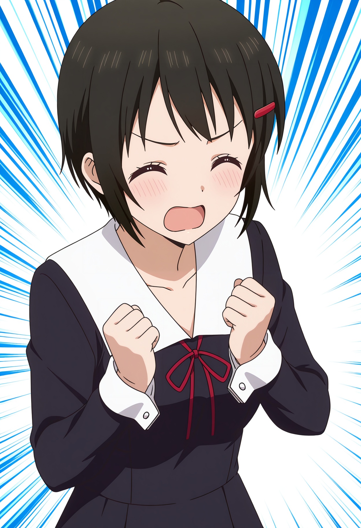<lora:Nagisa KASHIWAGI_illustrious-000030:1>,Nagisa KASHIWAGI, solo, school uniform, closed eyes, open mouth, hair ornament, hairclip, red ribbon, emphasis lines, ribbon, blush, dress, long sleeves, collarbone, upper body, clenched hands, cosplay, anime screencap