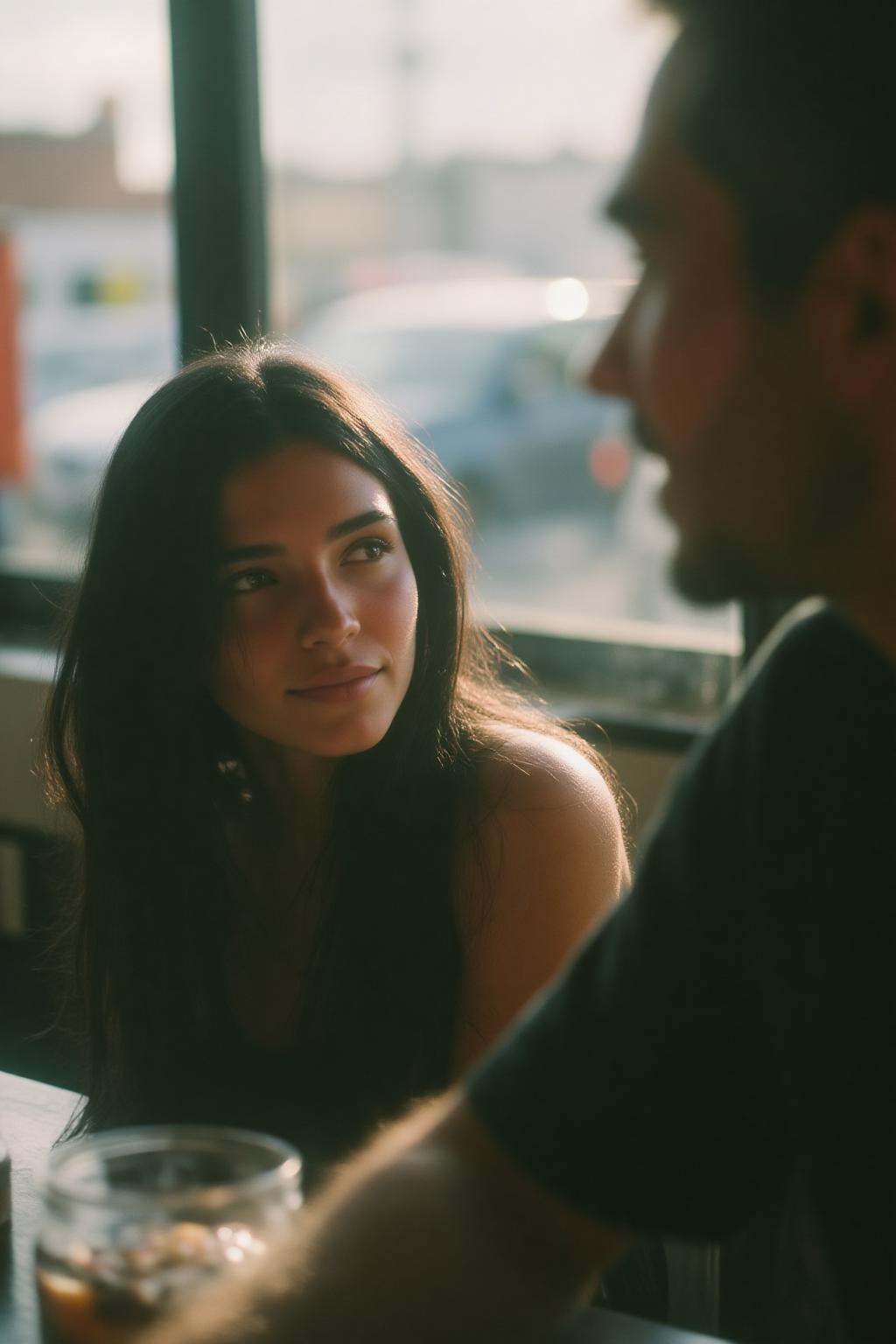 midjourney analog photograph.On the left is a young Spanish woman with long,  dark hair sitting at a table,  looking sligh...