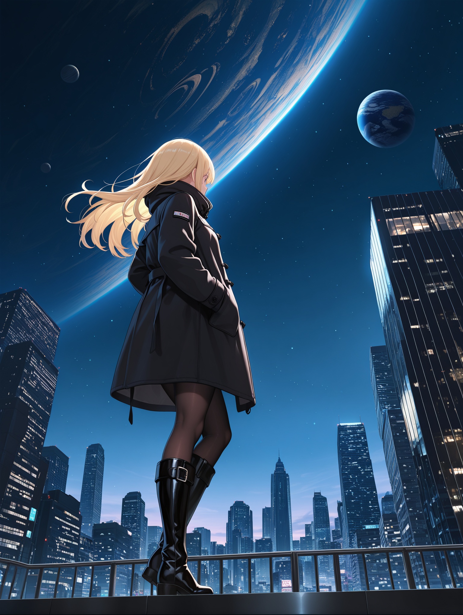 1girl, solo, long hair, city, boots, hands in pockets, coat, blonde hair, sky, planet, night, knee boots, building, star \(sky\), cityscape, pantyhose, standing, skyscraper, from below, black footwear,masterpiece,best quality,amazing quality,