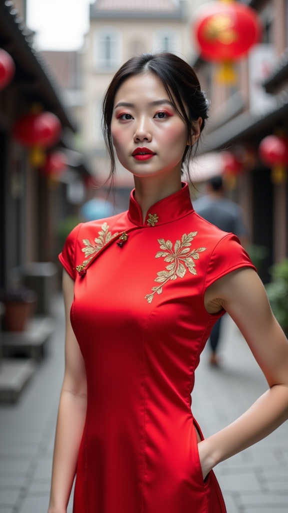 arafed woman in a red dress standing on a street,wearing a red cheongsam,traditional chinese clothing,gorgeous chinese model,chinese dress,traditional chinese,style of guo hua,jingna zhang,cheongsam,beautiful oriental woman,chinese woman,Zhang Shuqi,Lin Tinggui,a young asian woman,young asian woman,Wu Shixian,Yun Shouping,beautiful asian woman,8k artistic portrait photography,Zhang Shunzi,cinematic. by leng jun,wearing ancient chinese clothes,Tang Sin Yun Sandara,Wen Jia,Yang Weizhen,Qiu Ying,photo of slim girl model,asian woman,as a retrofuturistic heroine,jia ruan,traditional chinese textures,Huang Shen,Guo Chun,