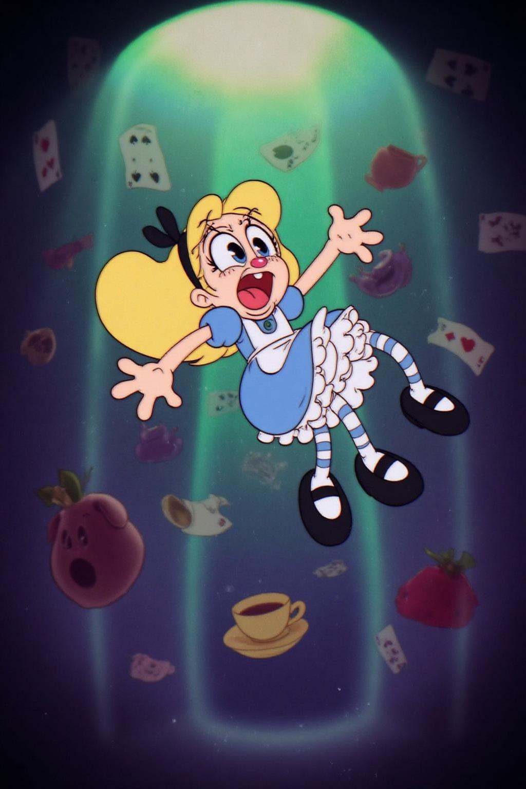 rubber hose animation style.Overhead shot of Alice in Wonderland falling into the rabbit hole,  with her legs dangling ben...