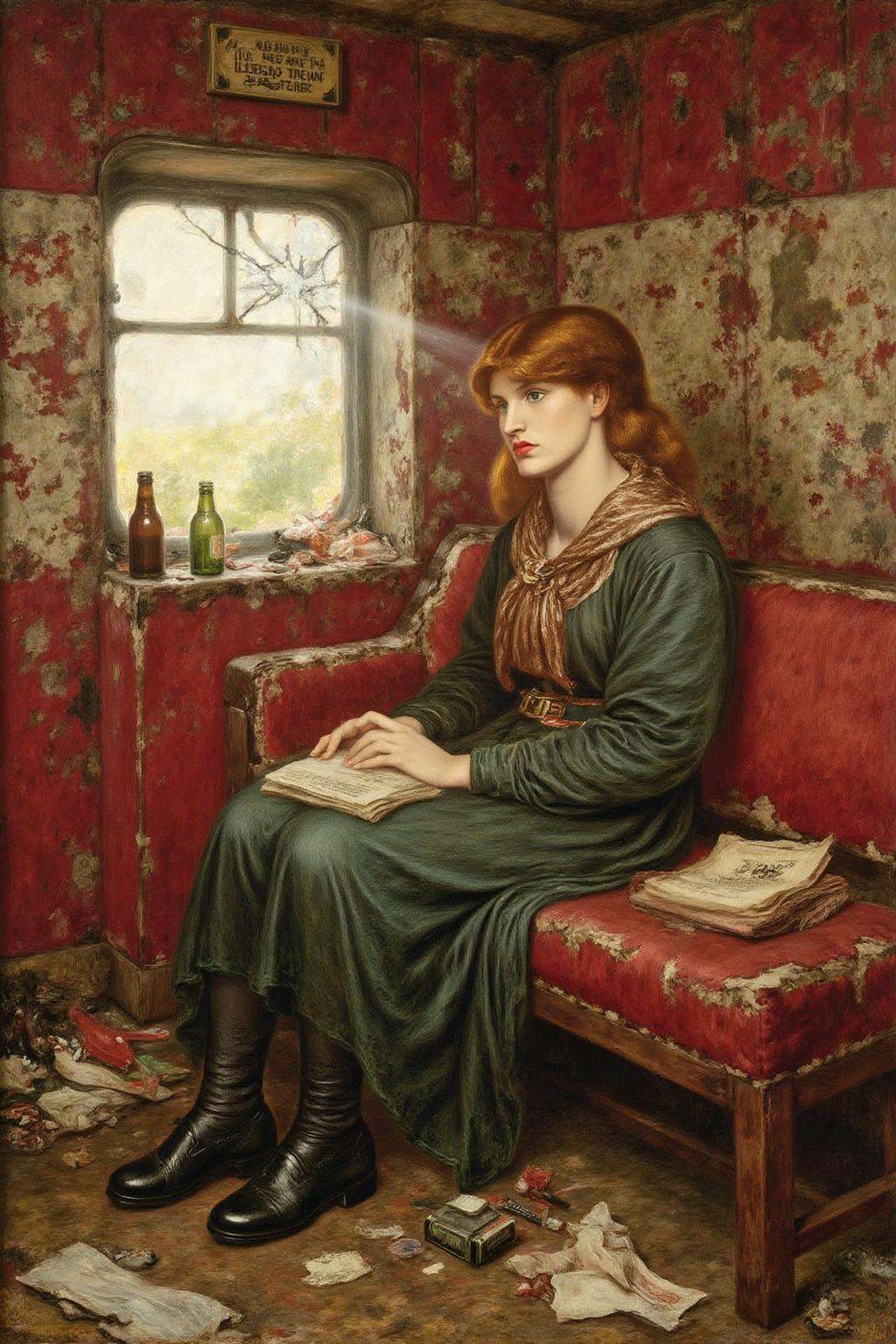 dgr painting. A scene from 18th Century Victorian era.a girl sitting in a dilapidated Victorian era train car. The train's...