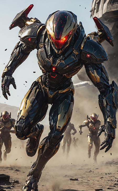 A cinematic science fiction shot of futuristic alien dynamic move super heroic fighting pose escape from the a crashed spa...