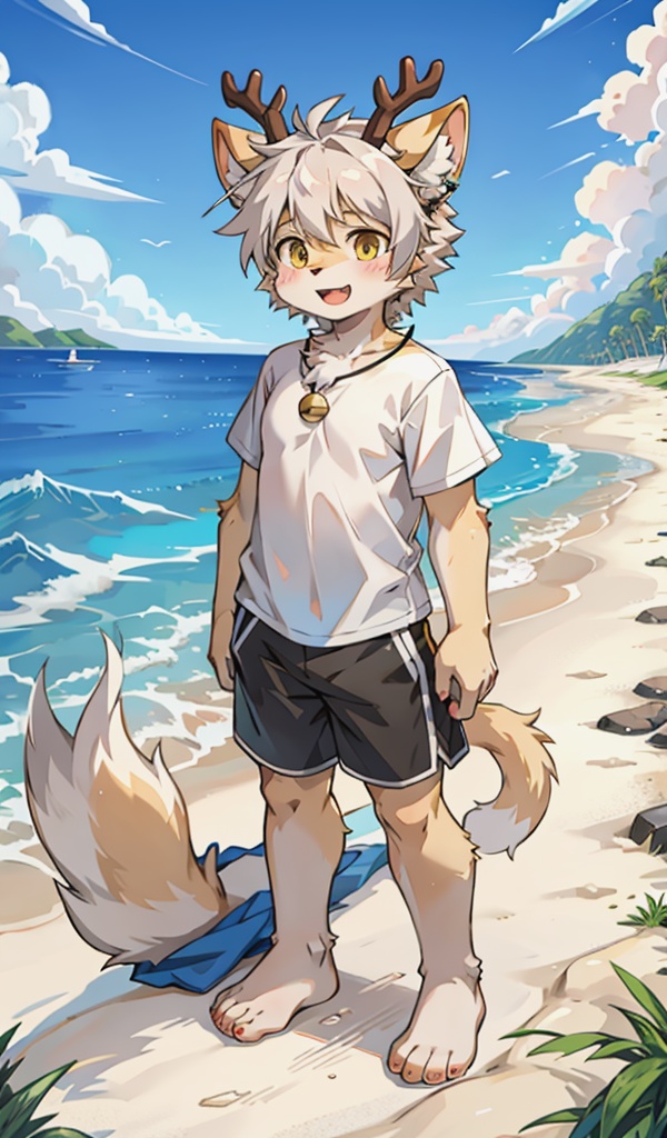 ahoge, furry, Children with bells and headphones, furry, open mouth, Big fluffy tail, An eight-year-old boy, Not a spot on the whole body, Yellow cat ears and brown antlers, Gray shorts, White shirt, The size of the cat, Juvenile, Skinny body type, 1boy, cat boy, furry, cub, ultra cute face, full body, perfect lighting, masterpiece, ultra detailed, White clothes, ultra detailed fur, Beach, outside, The blue sky and white clouds, Alone,barefoot