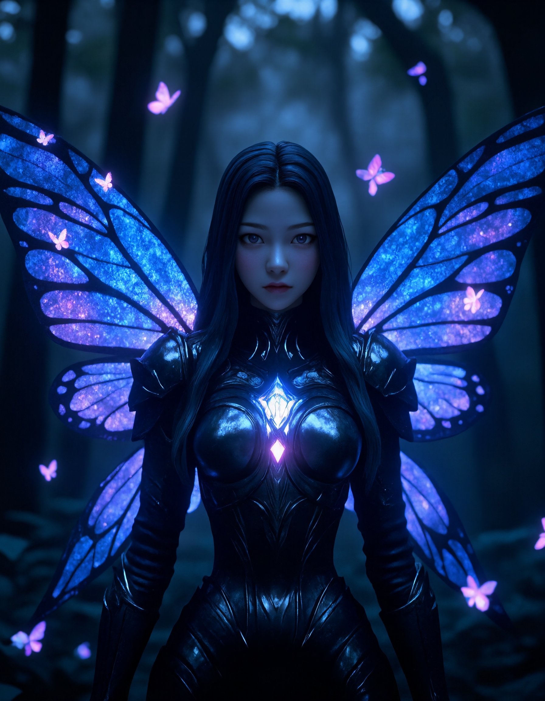 Hyper-realistic 3D anime-style artwork of a majestic,  ethereal warrior with large,  glowing butterfly wings in shades of...