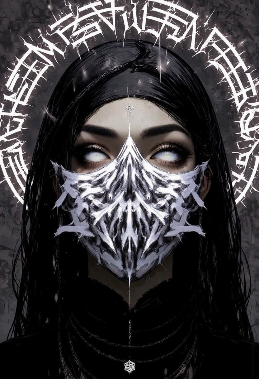 nose,  which is obscured by a mask-like face covering. The mask is intricate,  made up of sharp on Tensor.Art