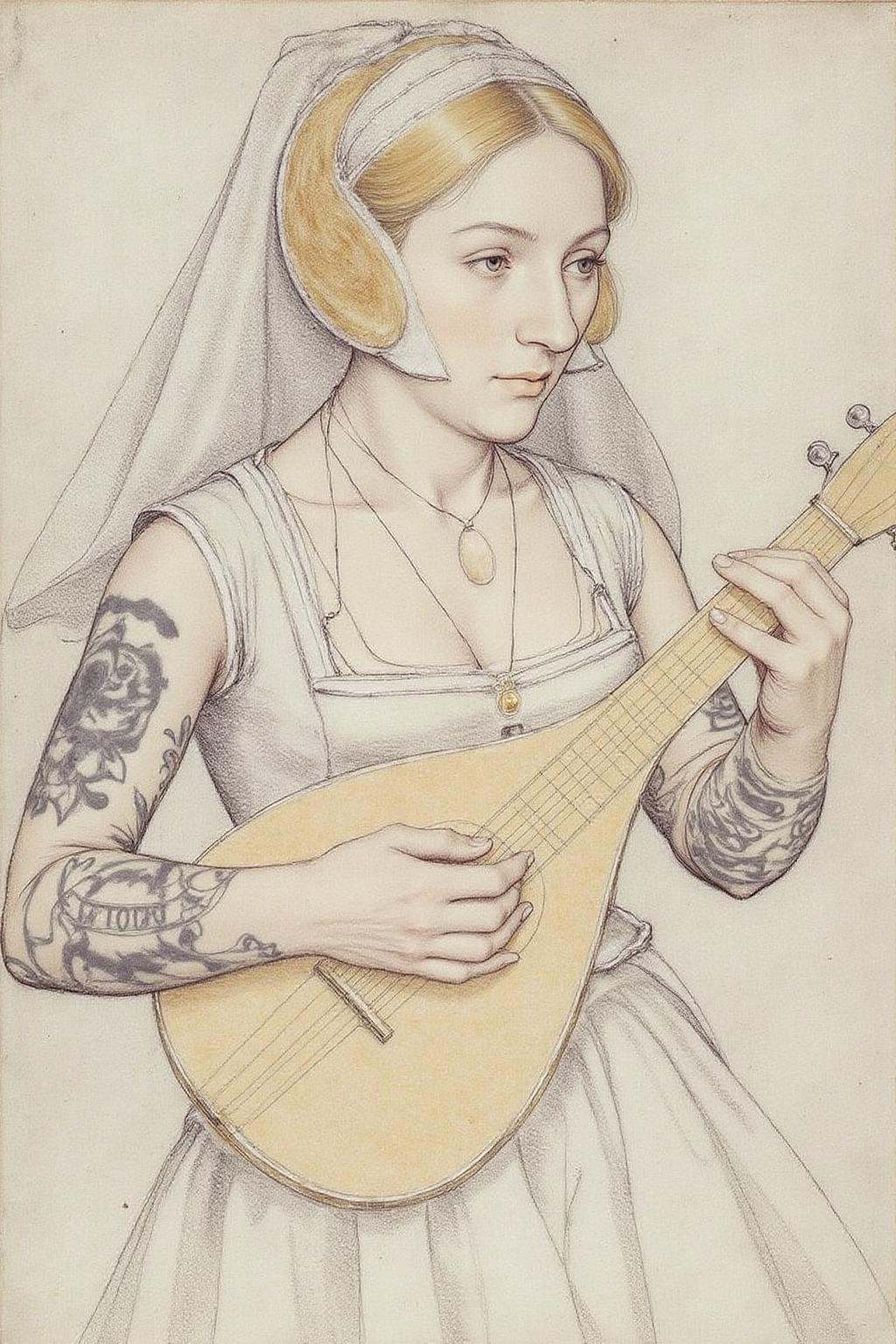hansho1 monochromatic pencil drawing,  A scene in a 16th century tudo era court setting,  with a punk sailor moon playing...