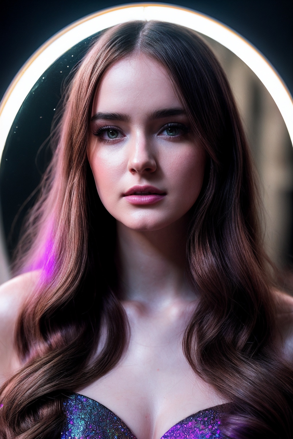 HazelM_SoloTI_v1,  (In a fantastical,  shimmering outfit with reflective on Tensor.Art