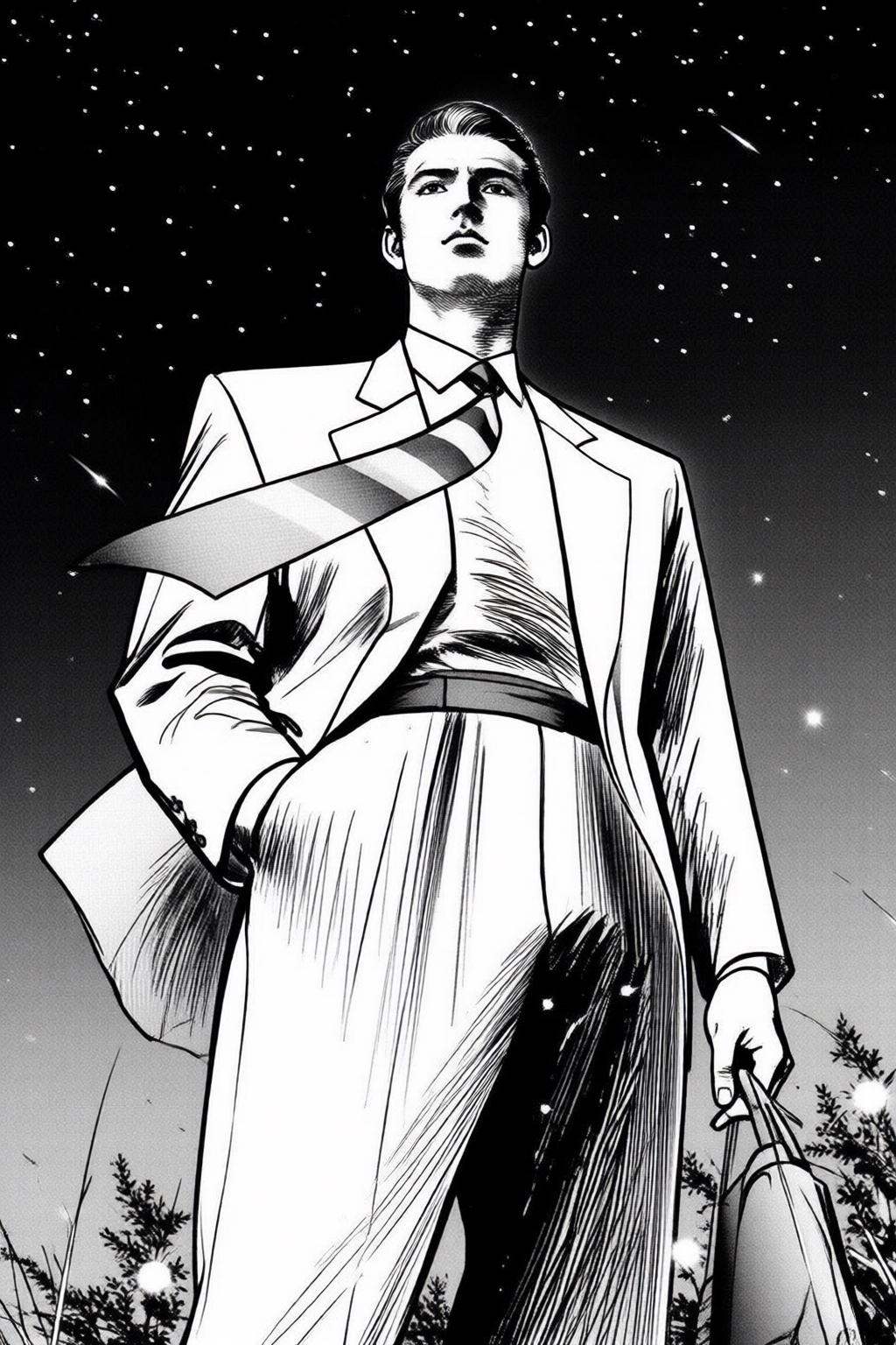 ryoichiikegami2q illustration. Black and white drawing.The image depicts a confident,  imposing figure of a man standing a...
