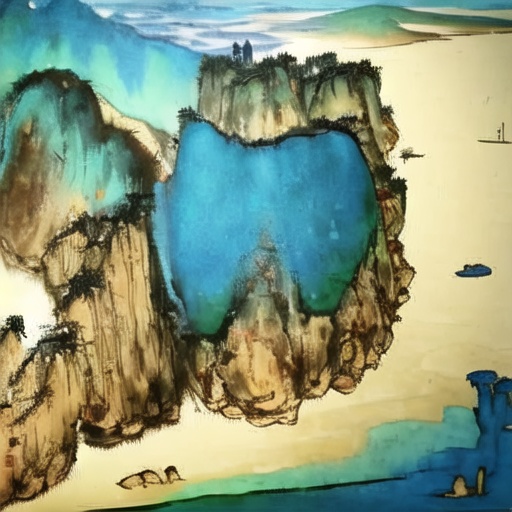 scenery,sky,sun,traditional media,traditional media,no humans,water,mountain,<lora:pomo-000008:1>,