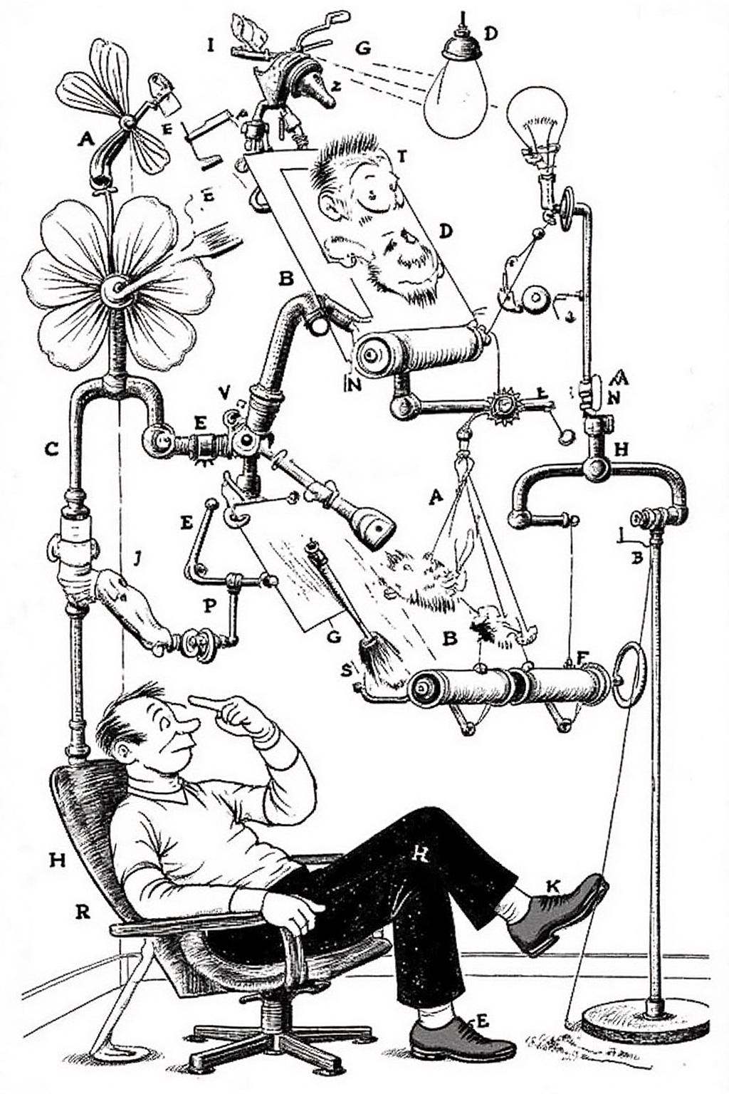 rugo1 illustration. depicting an over-the-top,  comical contraption designed to print images. The central figure is a rela...
