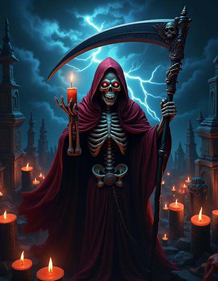 This is a highly detailed,  digital artwork featuring a menacing skeletal figure of a grim reaper. The reaper is centrally...