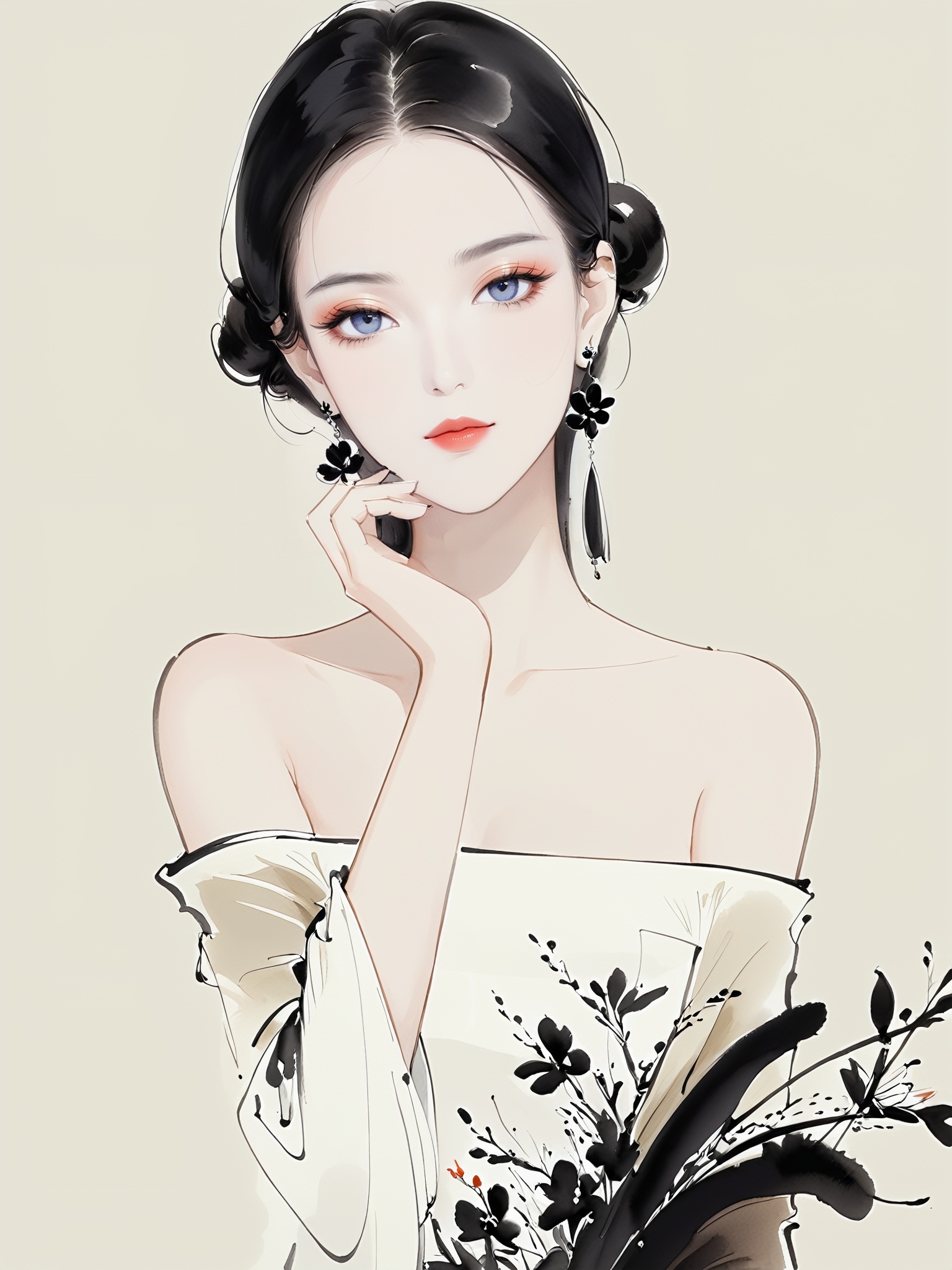 minimalism,Chinese ink painting,ink painting,1girl,solo, upper body,black hair,long_hair,earrings,jewelry,makeup,eyeshadow, looking at viewer,off-shoulder,dress, long sleeves,hand up, closed mouth,flower, simple background,master works, flat, high definition, <lora:20241018-1729215935508-000008:0.7> ,<lora:水墨时尚插画XL_水墨时尚插画:0.4>
