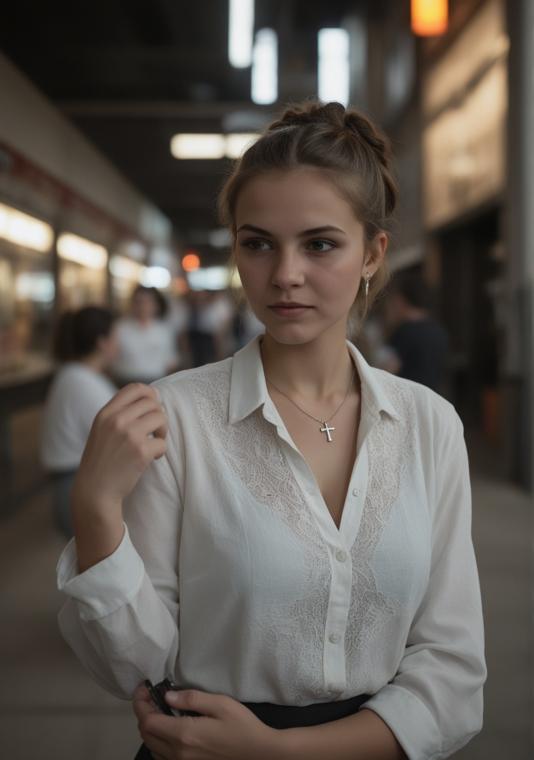 A highly detailed and cinematic photograph of a 19-year-old prude Catholic school girl in a dimly lit,  shady bar in the U...